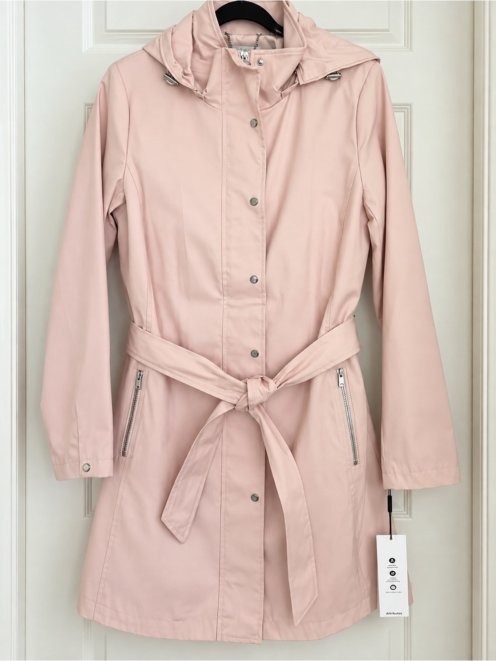 NWT Calvin Klein Blush Pink Belted Hooded Trench Coat Rain Jacket Size S
